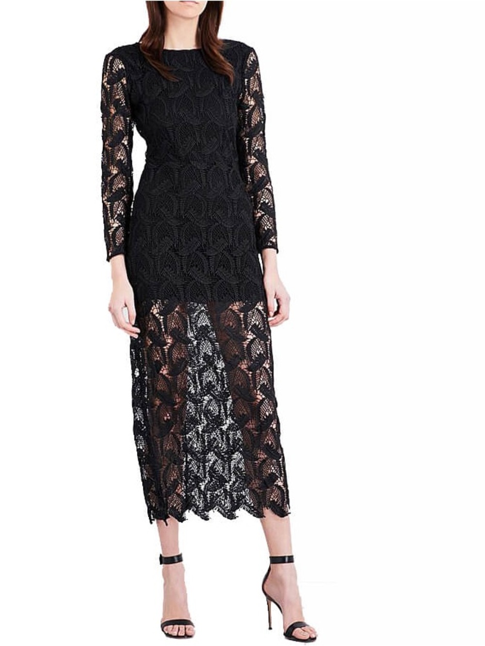 MAJE Black Lace Midi Dress - Elegant Long-Sleeve Dress